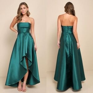 Lulus Broadway Show Emerald Green Strapless High-Low Maxi Dress S Wedding Party